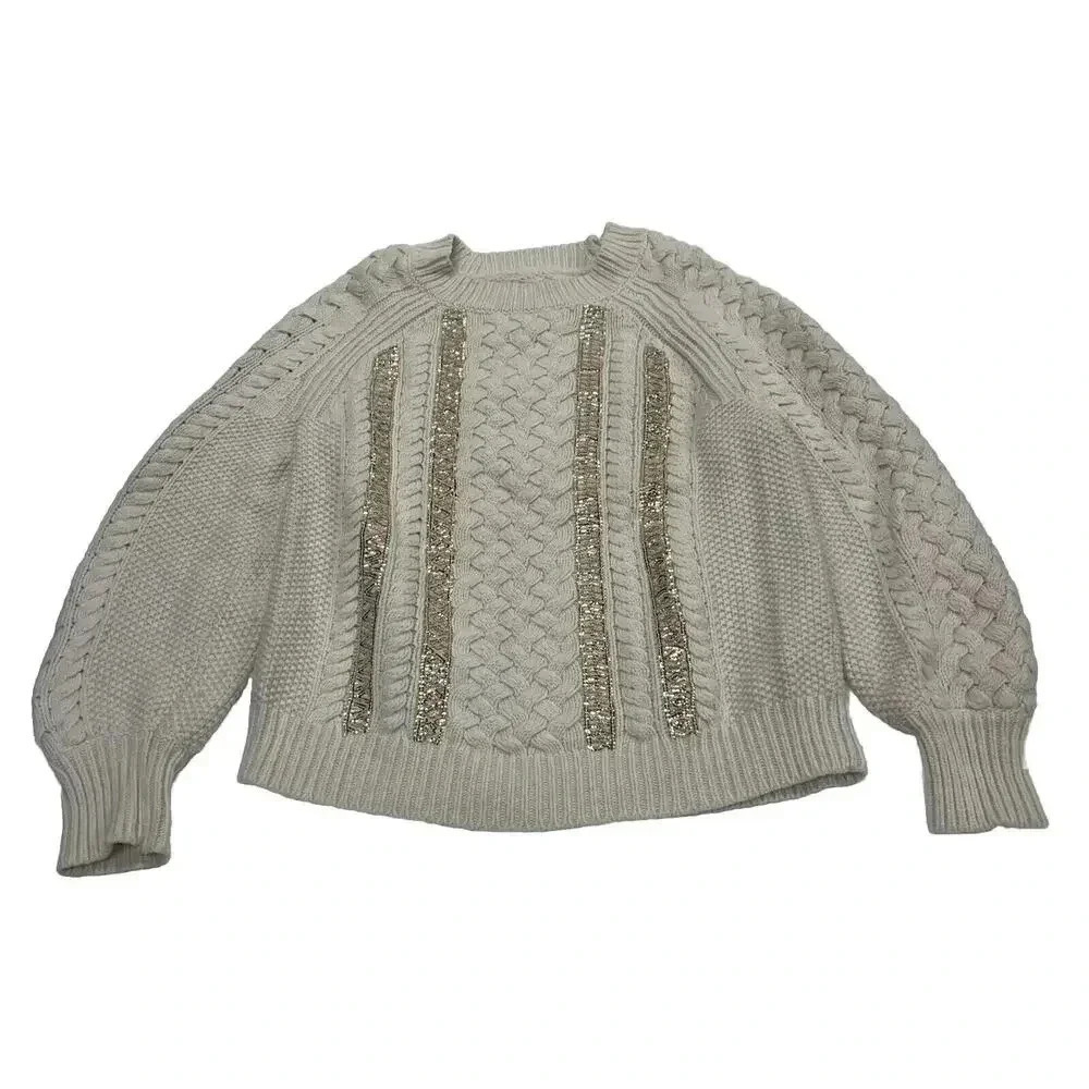 J. Crew Wool Blend Cable Knit Chunky Pullover Sweater Women Size L Cream